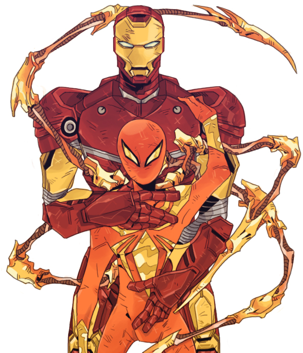 2boys armor bad_id bad_pixiv_id character_request hug iron_man iron_spider_armor male_focus marvel multiple_boys peter_parker power_armor power_suit science_fiction sexually_suggestive simple_background spider-man spider-man_(series) tony_stark white_background yaoi zentai