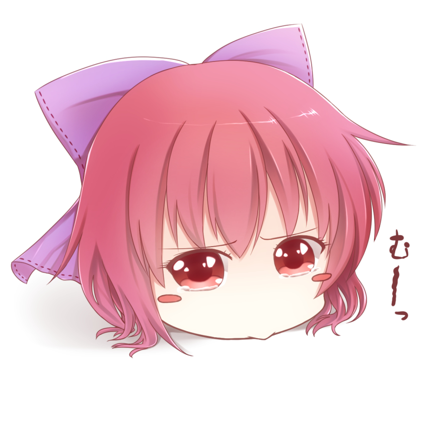 :&gt; blush_stickers bow commentary disembodied_head hair_bow head k-sk_style looking_at_viewer pout red_eyes red_hair sekibanki simple_background solo tears touhou white_background