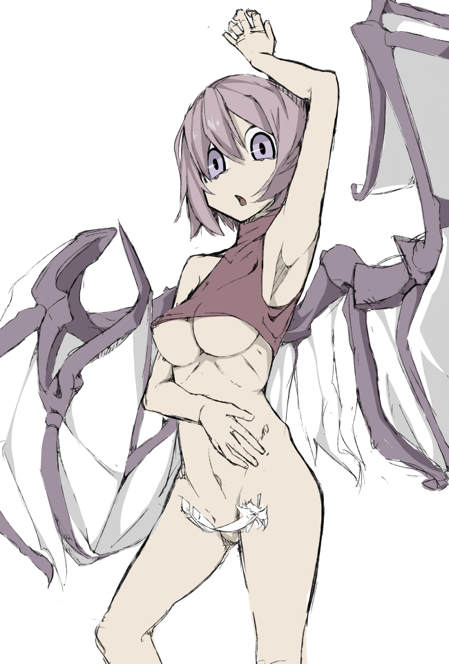 arm_up armpits arudente blue_eyes bottomless breasts censored convenient_censoring feathers large_breasts mystia_lorelei navel open_mouth purple_hair short_hair solo touhou underboob wings