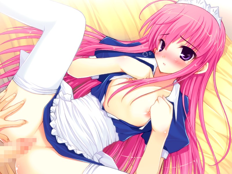 1boy 1girl blush breasts censored clothed_sex flat_chest game_cg hime_x_hime kujouin_saki lying maid open_clothes penis pink_hair purple_eyes sex tears thighhighs
