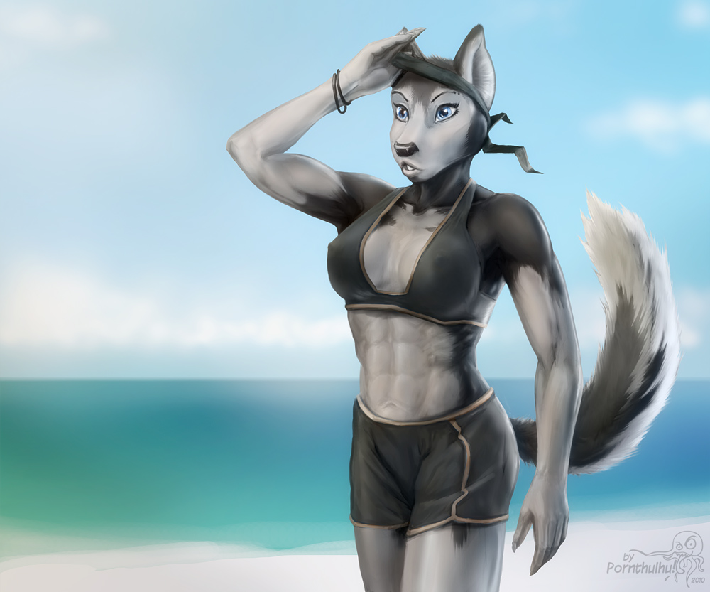 bandanna beach biceps blue_eyes breasts canine clothed clothing dog female fluffy_tail fur grey_fur husky lips mammal muscles muscular_female nipples pornthulhu seaside solo water white_fur
