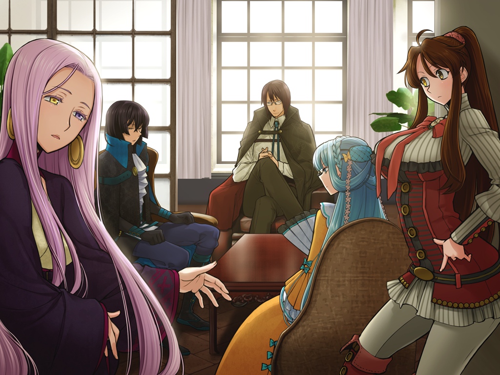 2boys 3girls aqua_hair game_cg liarsoft long_hair multiple_boys multiple_girls ourai_no_gahkthun purple_hair steampunk_(liarsoft)