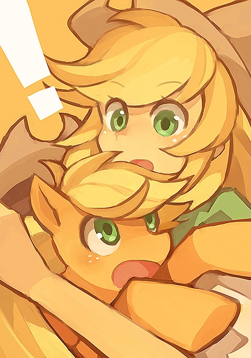 1girl applejack artist_request bangs blonde_hair cowboy_hat dual_persona ears eye_contact freckles green_eyes green_shirt hat holding looking_at_another my_little_pony my_little_pony_friendship_is_magic open_mouth orange_background personification pony shirt simple_background source_request