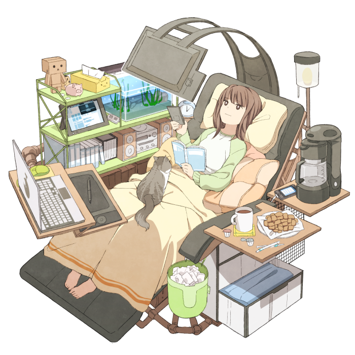 animal aquarium barefoot blanket book bookshelf brown_eyes brown_hair cat cellphone chair coffee_maker_(object) coffee_mug commentary_request computer controller cookie cup danboo food itou_(mogura) lamp laptop looking_up mug open_book original phone piggy_bank pillow raglan_sleeves reclining remote_control simple_background tablet tissue_box trash_can watching_television white_background