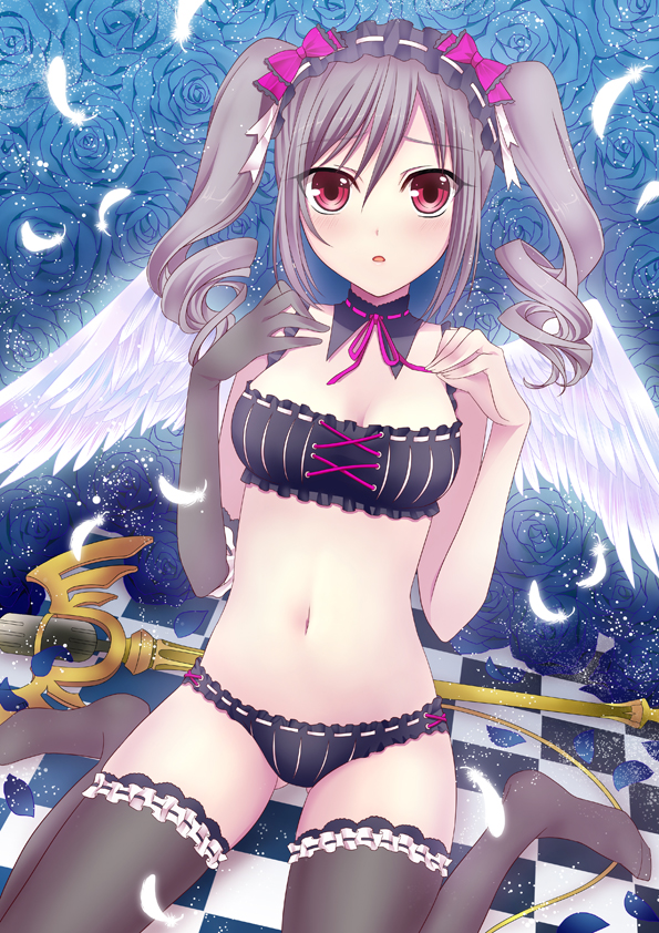 angel_wings bad_id bad_pixiv_id blue_flower blue_rose blush breasts cleavage drill_hair feathers flower frills hairband idolmaster idolmaster_cinderella_girls kaen_(k-artworks) kanzaki_ranko lolita_hairband medium_breasts navel open_mouth red_eyes rose short_hair silver_hair sitting sleeveless solo staff thighhighs twintails wariza wings