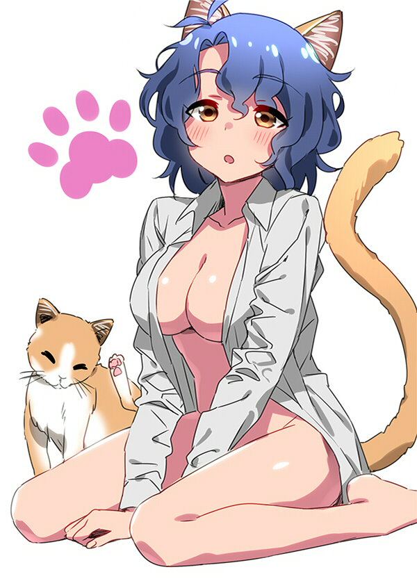 :d animal_ears bad_id bad_pixiv_id barefoot between_legs blue_hair bottomless breasts brown_eyes cat cat_ears cat_tail cleavage dress_shirt hand_between_legs idolmaster idolmaster_million_live! large_breasts naked_shirt open_clothes open_mouth open_shirt shirt short_hair smile solo sonsoso tail toyokawa_fuuka