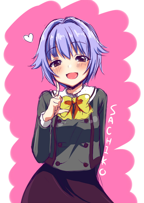 :d blush bow character_name finger_to_cheek hair_intakes heart idolmaster idolmaster_cinderella_girls index_finger_raised koshimizu_sachiko long_sleeves open_mouth purple_hair school_uniform short_hair smile solo tottoto_tomekichi