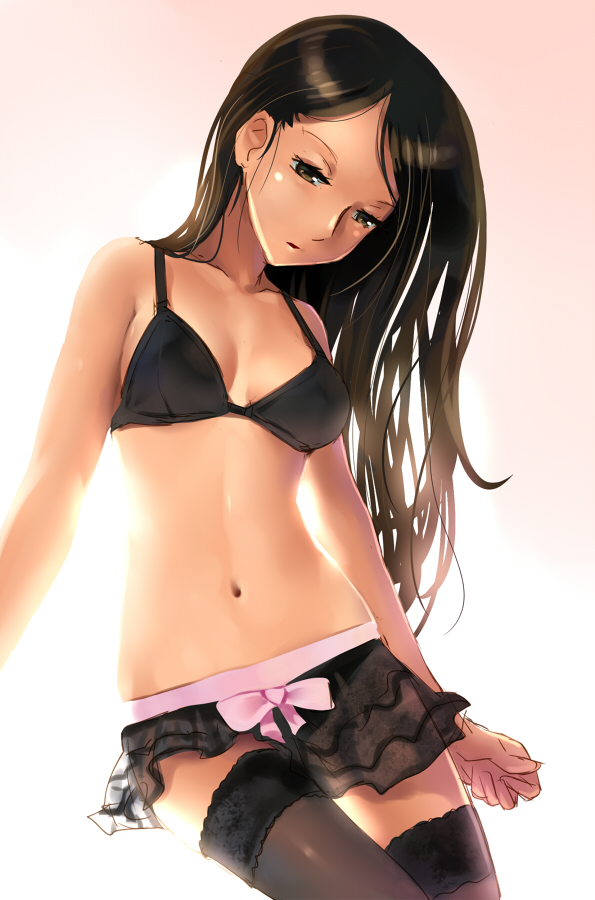 black_bra black_hair black_panties bloom blush bra breasts cowboy_shot katahira_masashi lace lace-trimmed_thighhighs long_hair medium_breasts navel original panties sketch solo strap_gap thighhighs underwear underwear_only