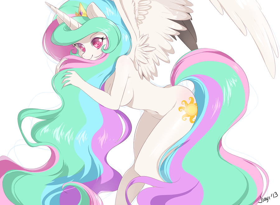 anthro anthrofied artist_name breasts celestia_(my_little_pony) crown cutie_mark english equine female friendship_is_magic fur hair hair_grab horn horse jiayi long_hair mammal multi-colored_hair multicolored_hair my_little_pony my_little_pony_friendship_is_magic nude personification pink_eyes pony princess princess_celestia_(mlp) purple_eyes rough royalty smile tail text very_long_hair white_fur winged_unicorn wings