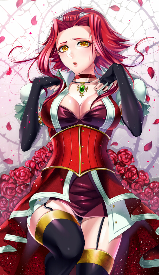 breasts choker cleavage corset elbow_gloves fingerless_gloves garter_straps gloves izayoi_aki jewelry large_breasts matsurika_youko necklace panties parted_lips puffy_sleeves red_hair solo thighhighs underwear yellow_eyes yuu-gi-ou yuu-gi-ou_5d's