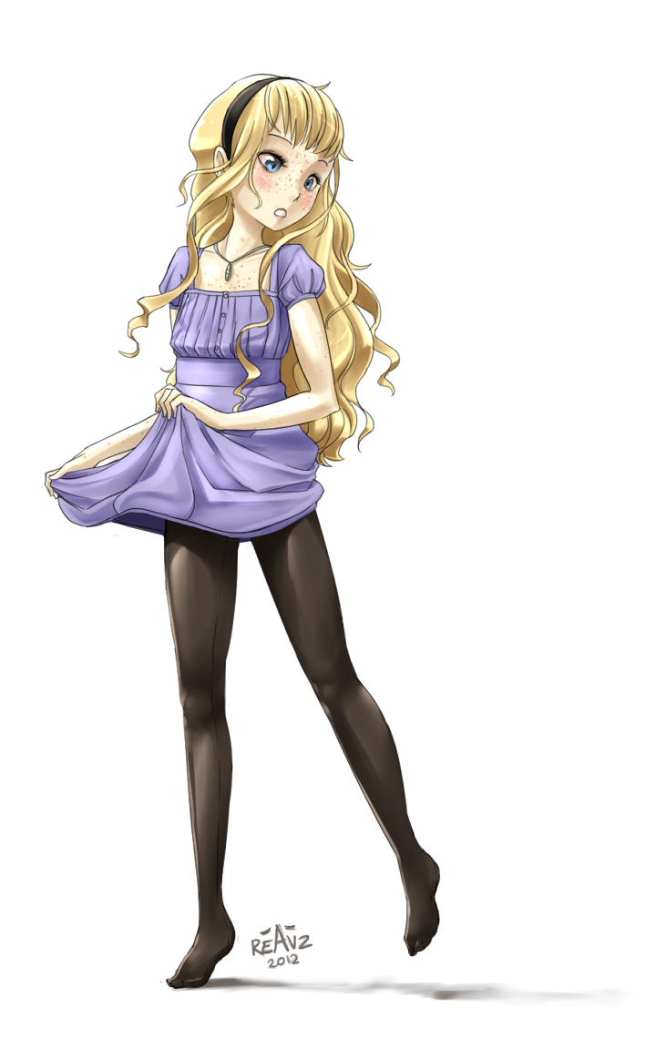 1boy androgynous artist_request blonde_hair blue_eyes crossdressing feet freckles jewelry long_hair necklace no_shoes original pantyhose reavz solo tights trap