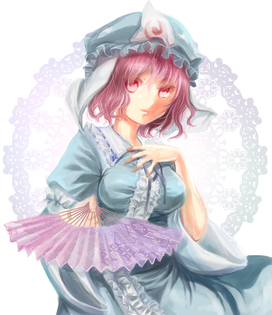 breasts fan folding_fan gradient gradient_background hand_on_own_chest hat hinatchi japanese_clothes kimono lips looking_at_viewer medium_breasts mob_cap pink_eyes pink_hair saigyouji_yuyuko short_hair solo touhou triangular_headpiece white_background