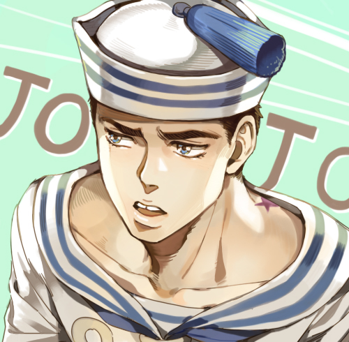 black_hair blue_eyes collarbone dixie_cup_hat hat higashikata_jousuke_(jojolion) inzup jojo_no_kimyou_na_bouken jojolion looking_to_the_side lowres male_focus military_hat open_mouth sailor solo