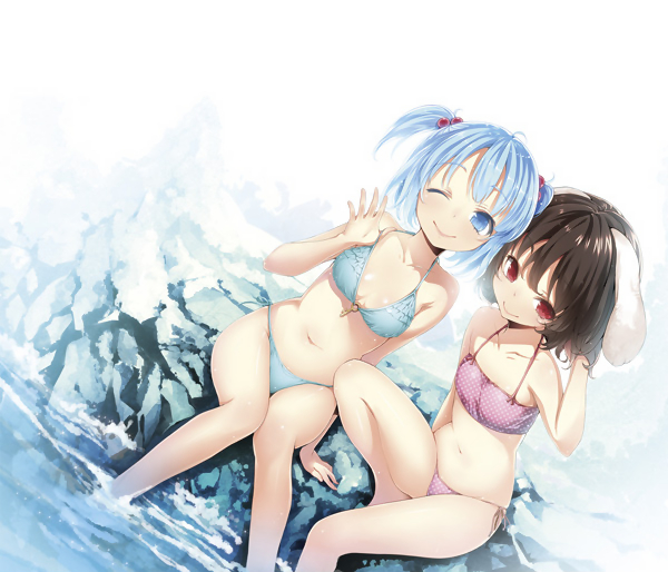 ;) animal_ears bare_shoulders barefoot bikini black_hair blue_bikini blue_eyes blue_hair blush breasts bunny_ears buriki cleavage collarbone dutch_angle hair_bobbles hair_ornament inaba_tewi kawashiro_nitori key looking_at_viewer medium_breasts multiple_girls navel one_eye_closed pink_bikini polka_dot polka_dot_bikini polka_dot_swimsuit red_eyes short_hair short_twintails side-tie_bikini sitting small_breasts smile soaking_feet strap_pull swimsuit touhou twintails two_side_up water