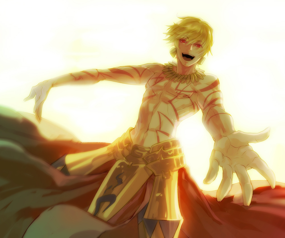 backlighting bad_id bad_pixiv_id blonde_hair deba earrings fate/extra fate/extra_ccc fate/hollow_ataraxia fate/zero fate_(series) gilgamesh jewelry male_focus necklace outstretched_hand red_eyes shirtless solo tattoo