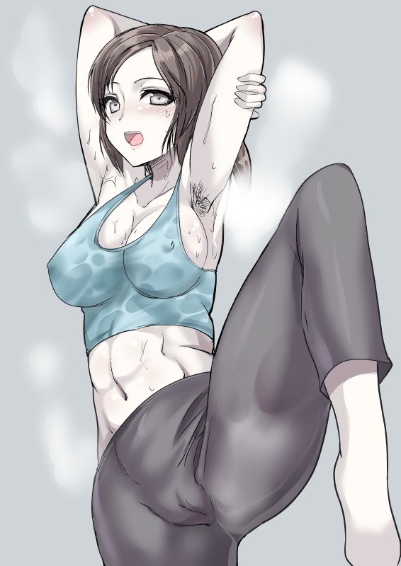 armpit_hair armpits black_hair blush cameltoe md5_mismatch midriff navel nohito ponytail solo spandex steam steaming_body sweat tank_top white_skin wii_fit wii_fit_trainer