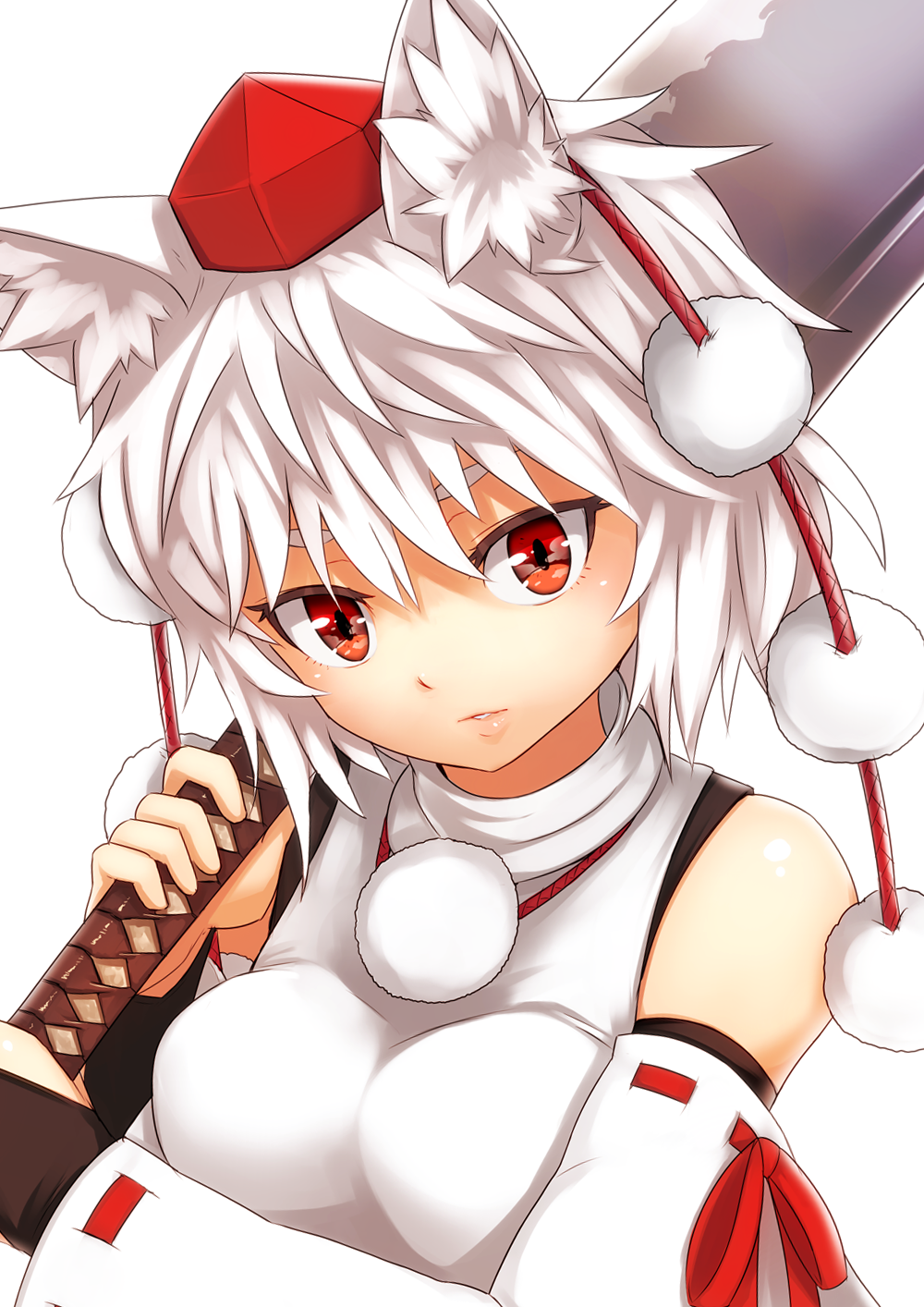 animal_ears bad_id bad_pixiv_id blush breasts detached_sleeves hat highres inubashiri_momiji large_breasts looking_at_viewer nosuku red_eyes short_hair solo sword tokin_hat touhou upper_body weapon white_hair wolf_ears