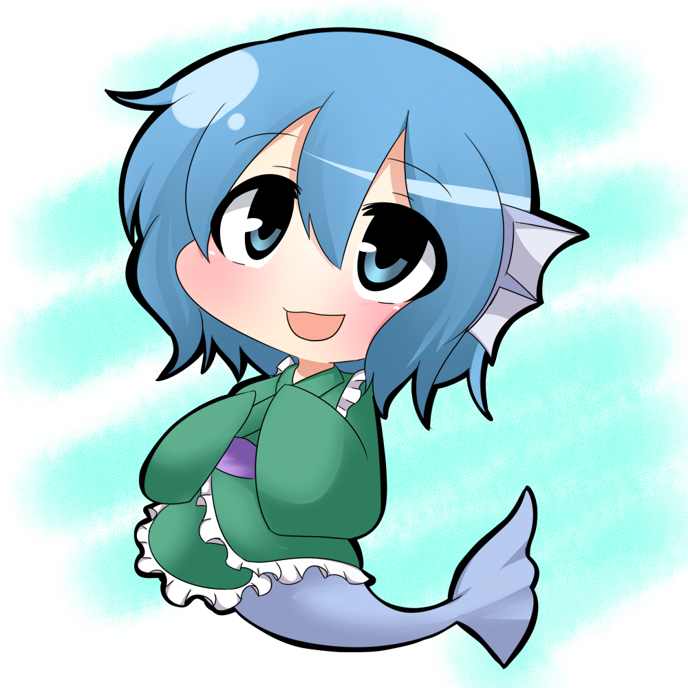 blue_eyes blue_hair chibi eyebrows_visible_through_hair eyes_visible_through_hair frilled_kimono frills gradient gradient_background head_fins japanese_clothes kimono long_sleeves looking_up mermaid monster_girl open_mouth short_hair simple_background sleeves_past_wrists solo touhou twumi wakasagihime wide_sleeves