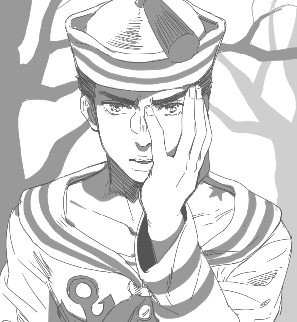 dixie_cup_hat greyscale hand_on_own_face hat higashikata_jousuke_(jojolion) inzup jojo_no_kimyou_na_bouken jojolion looking_at_viewer male_focus military_hat monochrome sailor solo