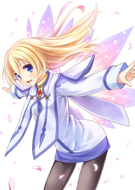 blonde_hair blue_eyes choker coat collet_brunel gem leaning_forward long_hair open_mouth outstretched_arms pantyhose petals pink_wings simple_background smile solo spread_arms tales_of_(series) tales_of_symphonia white_background wind wings yukichin