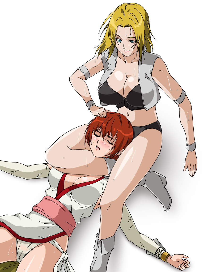 2girls a-ru_(dn1217) aqua_eyes blonde_hair blush boots breasts cleavage dead_or_alive defeated fighting humiliation kasumi kasumi_(doa) large_breasts multiple_girls ninja no_bra pain ryona submission sweat tecmo tina_armstrong unconscious wrestling wrestling_outfit