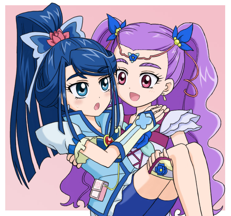 :d arms_around_neck blue_eyes blue_hair blue_shorts blush carrying couple cure_aqua eye_contact long_hair looking_at_another milk_(yes!_precure_5) milky_rose mimino_kurumi minazuki_karen multiple_girls nibatsume open_mouth pink_background ponytail precure princess_carry purple_eyes purple_hair shorts simple_background smile two_side_up wide_ponytail yes!_precure_5 yes!_precure_5_gogo! yuri