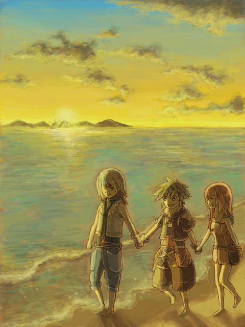 beach kairi kingdom_hearts riku sora_(kingdom_hearts) sunset