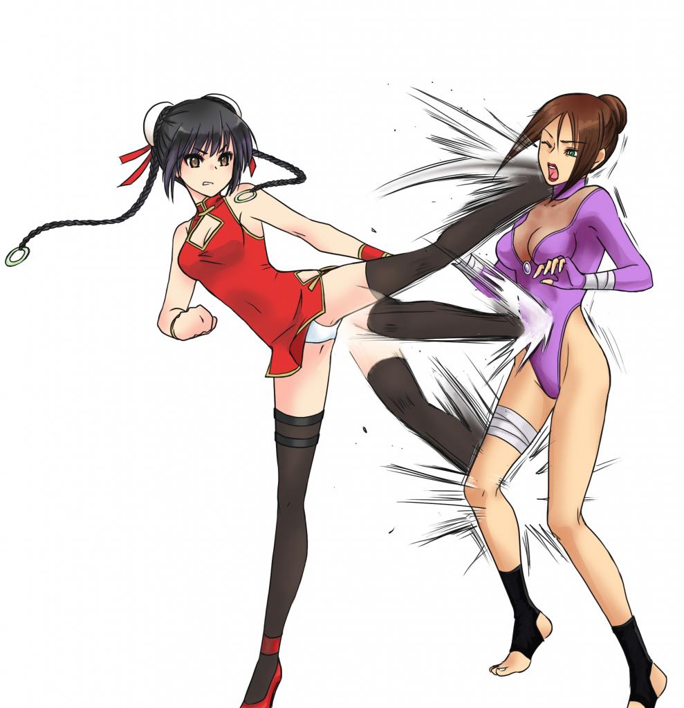 2girls angry battle beating black_hair breasts brown_eyes brown_hair china_dress chinadress chinese_clothes cleavage double_bun dress female fight fighting green_eyes kicking multiple_girls panties pantyshot piw twintails underwear warrior white_panties wince