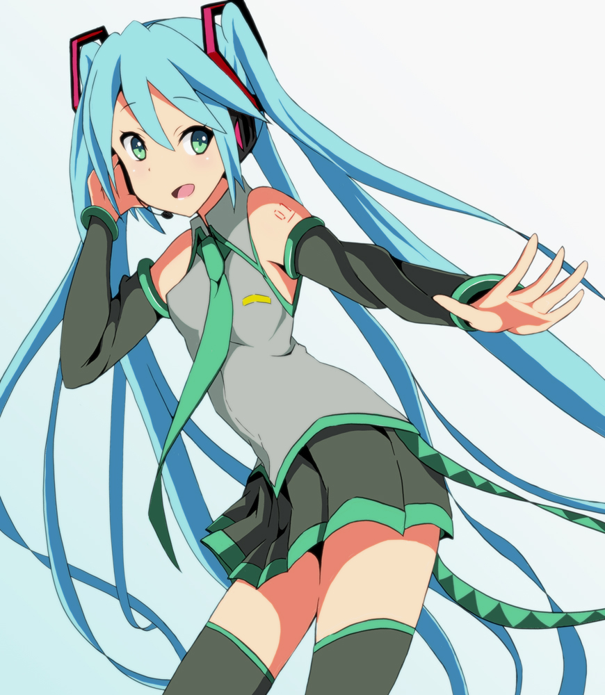aqua_hair bad_id bad_pixiv_id detached_sleeves green_eyes hatsune_miku headset kaiman long_hair necktie open_mouth skirt solo thighhighs twintails very_long_hair vocaloid