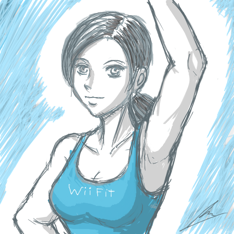 arm_up armpits black_hair borockman breasts cleavage long_hair nintendo ponytail smile solo super_smash_bros. white_skin wii_fit wii_fit_trainer