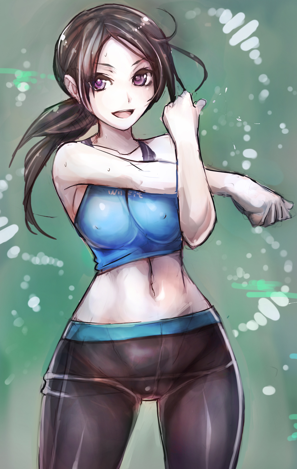 black_hair breasts brown_hair cameltoe covered_nipples cowboy_shot highres long_hair looking_at_viewer medium_breasts midriff navel open_mouth pale_skin pants ponytail purple_eyes sketch slender_waist smile solo spandex stretch sweat taishi_(picchiridou) tank_top toned wii_fit wii_fit_trainer yoga_pants