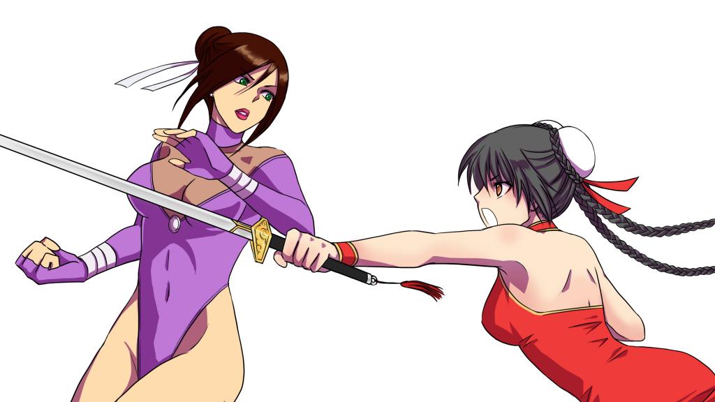 2girls battle black_hair breasts brown_eyes brown_hair china_dress chinese_clothes cleavage double_bun dress fight fighting green_eyes multiple_girls piw sword twintails warrior weapon