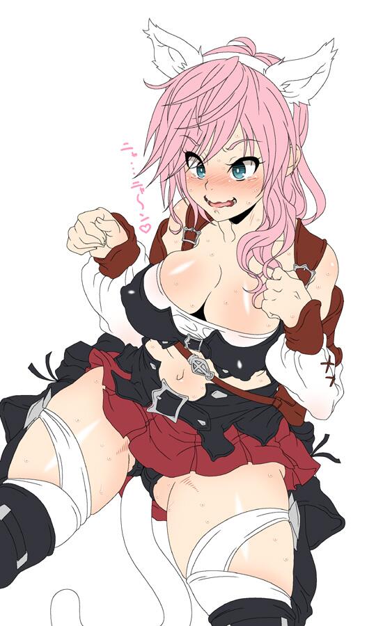 animal_ears bare_shoulders blush breasts cat_ears cleavage cosplay covered_nipples embarrassed final_fantasy final_fantasy_xiii final_fantasy_xiv kneeling large_breasts lightning_farron lightning_returns:_final_fantasy_xiii midriff miqo'te navel nori_(akusei_shinseibutsu) pink_hair puffy_sleeves skirt solo tail thighs wavy_mouth