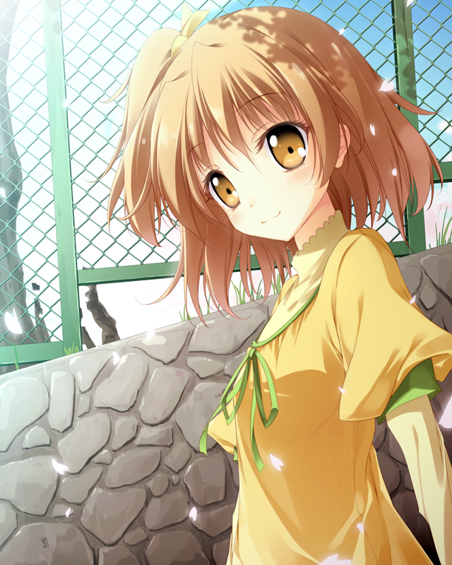 akazawaleaf bad_id bad_pixiv_id brown_hair dress fresh_precure! half_updo looking_at_viewer ponytail precure shirt short_hair side_ponytail smile solo yamabuki_inori yellow_eyes