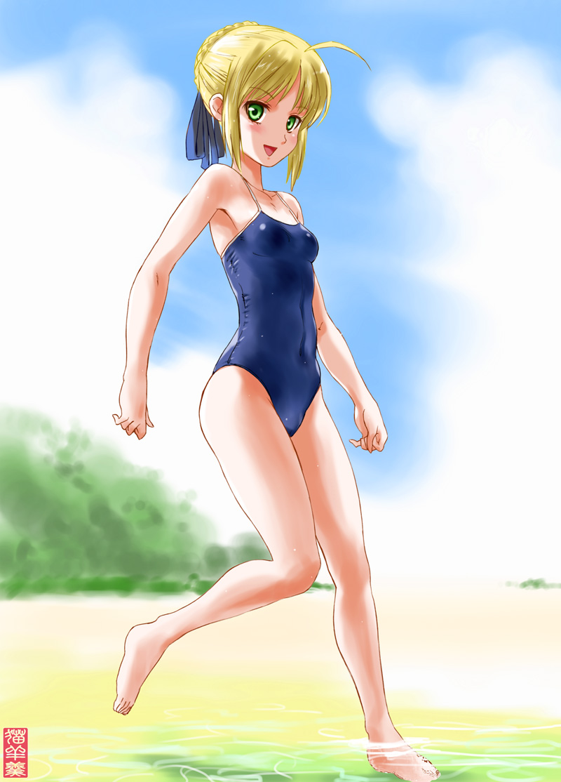 :d ahoge artoria_pendragon_(all) barefoot beach blonde_hair braid fate/stay_night fate_(series) green_eyes hair_ribbon maira_gen one-piece_swimsuit open_mouth outdoors ribbon saber school_swimsuit smile solo swimsuit wading water