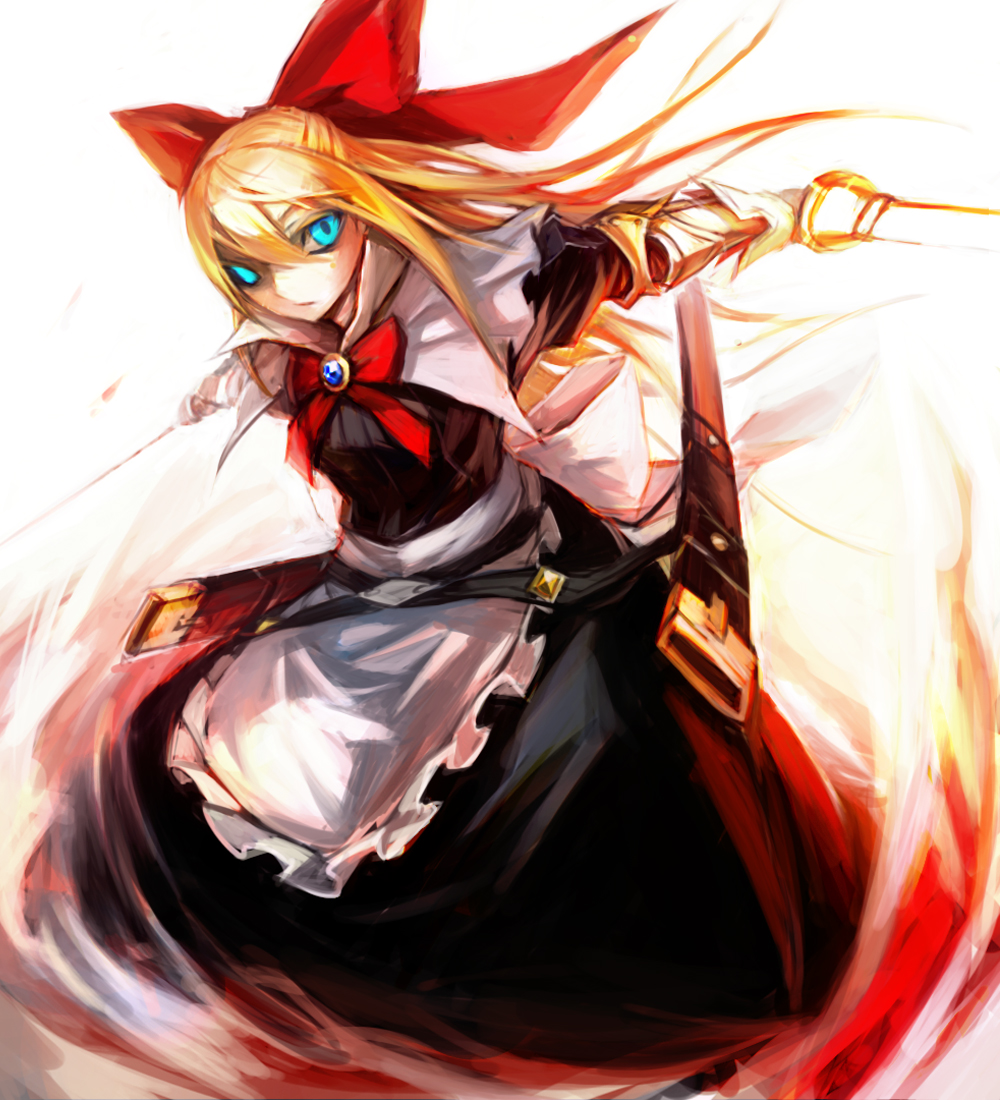 apron belt black_dress blonde_hair blue_eyes bow brooch capelet dress dual_wielding glowing glowing_eyes goliath_doll hair_bow holding jewelry katana long_hair long_sleeves looking_at_viewer outstretched_arms scabbard sheath solo spark621 sword touhou waist_apron weapon