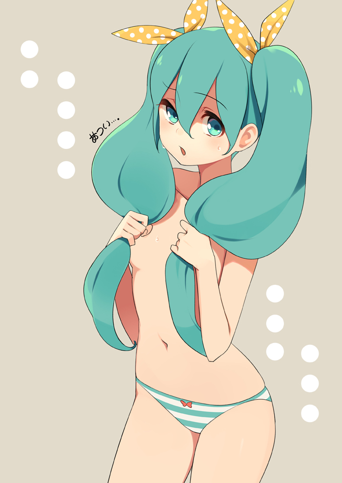 :o breasts green_eyes green_hair hair_censor hatsune_miku kamo_kamen long_hair looking_at_viewer navel panties ribbon small_breasts solo striped striped_panties sweat topless twintails underwear underwear_only vocaloid