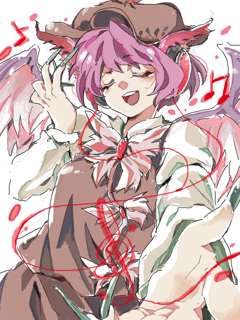 animal_ears behind-the-head_headphones closed_eyes hat headphones music musical_note mystia_lorelei outstretched_hand short_hair singing solo touhou wings