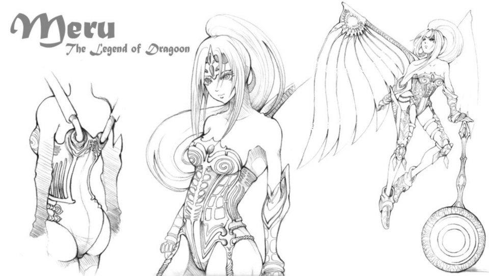 armor artist_request ass bare_shoulders boots breasts character_name copyright_name gauntlets greyscale hammer knee_pads medium_breasts meru_(dragoon) monochrome ponytail solo source_request standing the_legend_of_dragoon white_background wings