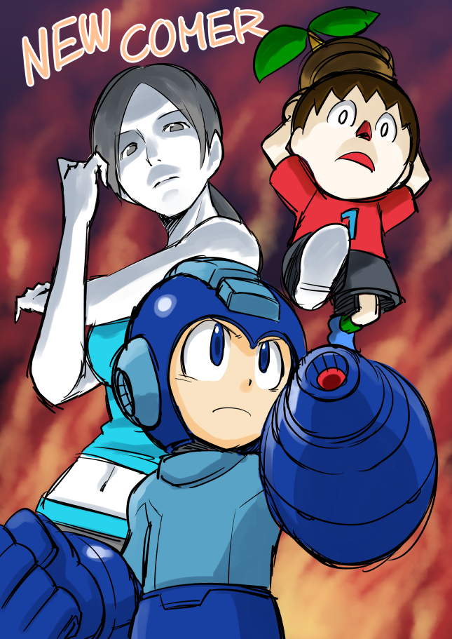 android arm_cannon black_hair blue_eyes breasts clenched_hand doubutsu_no_mori flower_pot helmet medium_breasts midriff navel ponytail red_nose rockman rockman_(character) rockman_(classic) short_hair stretch super_smash_bros. tank_top villager_(doubutsu_no_mori) weapon white_skin wii_fit wii_fit_trainer