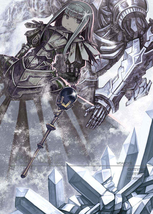 armor armored_dress breastplate gauntlets ice knight long_hair orb original pauldrons tefec wand