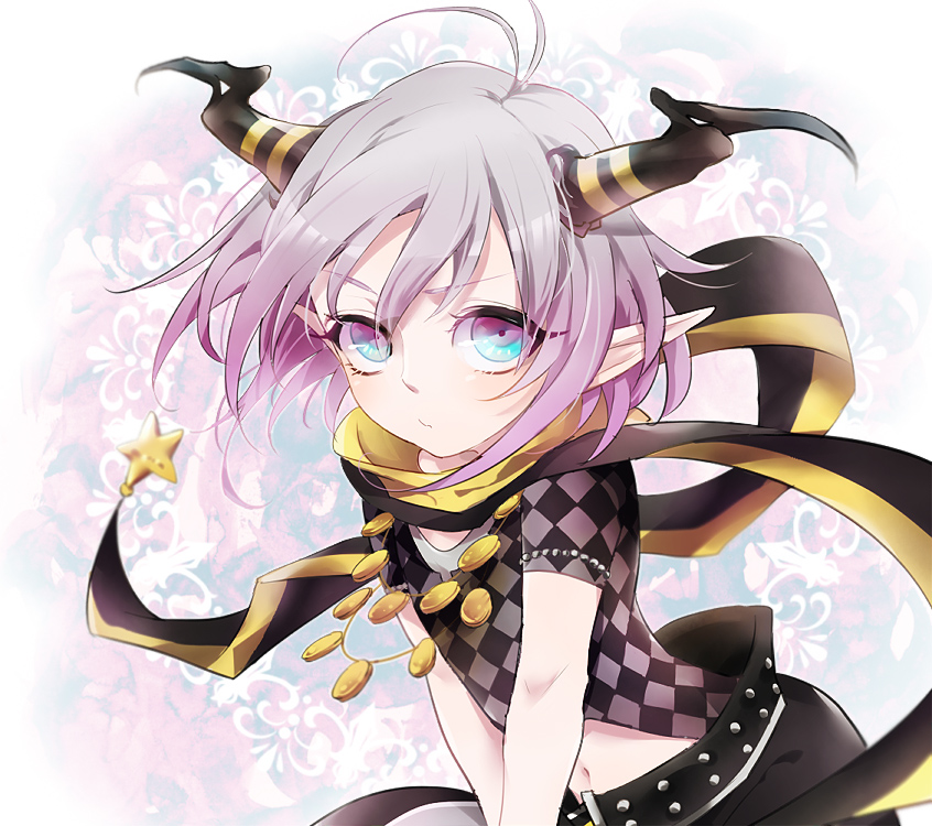 amnesia_(idea_factory) amo_(yellowpink_a) horns jewelry male_focus orion_(amnesia) pointy_ears purple_eyes purple_hair scarf solo