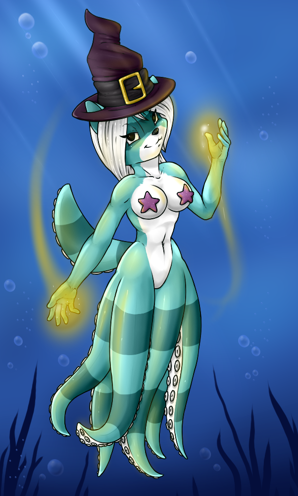 anthro breasts cephalopod female hair hat hybrid long_hair looking_at_viewer magic magic_user mammal marine octopus octoraccoon raccoon sea smile solo starfish teal_seas tentacles underwater water white_hair witch wtfeather