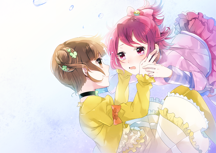 88_(kimidori_midori) aida_mana bad_id bad_pixiv_id bow brown_eyes brown_hair couple dokidoki!_precure double_bun eye_contact half_updo hands_on_another's_cheeks hands_on_another's_face looking_at_another multiple_girls pink_bow pink_eyes pink_hair precure tears yotsuba_alice yuri