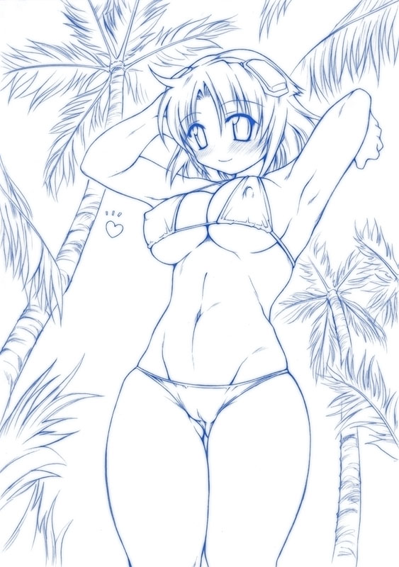 armpits arms_up artist_request beach bikini breasts cameltoe copyright_request covered_nipples heart large_breasts monochrome palm_tree short_hair smile solo swimsuit tree