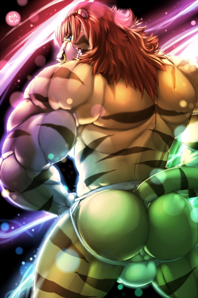 anthro astro astro_(marxeen) at back back_turned balls ballsack behind biceps big big_muscles black body_markings brown brown_hair bulge butchy butt canine cm cursedmarked feline fur gift golden hair hybrid invalid_color invalid_tag jockstrap king large liger ligerwolf lion looking looking_at_viewer male mammal markings marxeen massive men muscles nose ring royalty size smile stripes tan teeth tiger topless underwear viewer wolf