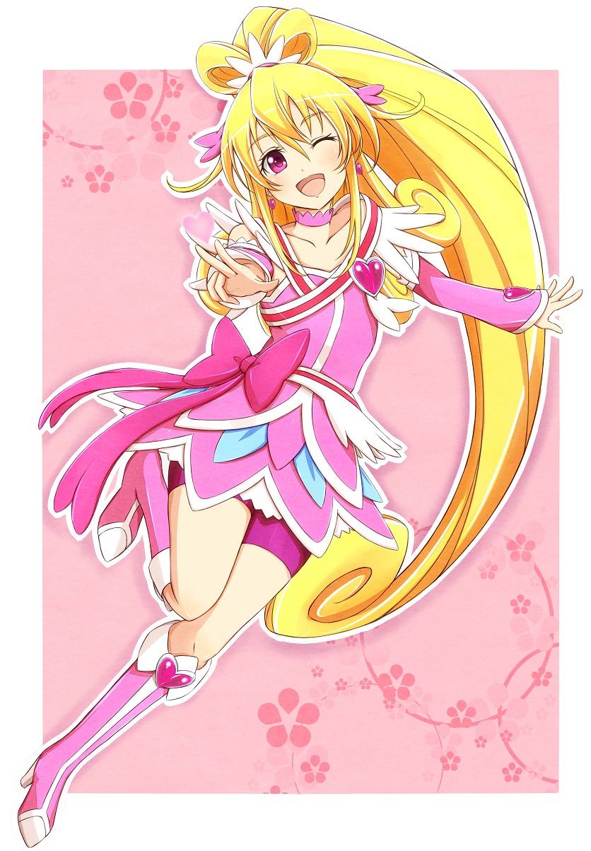;d aida_mana bike_shorts blonde_hair blush boots bow cure_heart dokidoki!_precure floral_print half_updo highres knee_boots one_eye_closed open_mouth outstretched_arms pink_background pink_bow pink_eyes pink_footwear pink_sleeves ponytail precure smile solo v wakataku