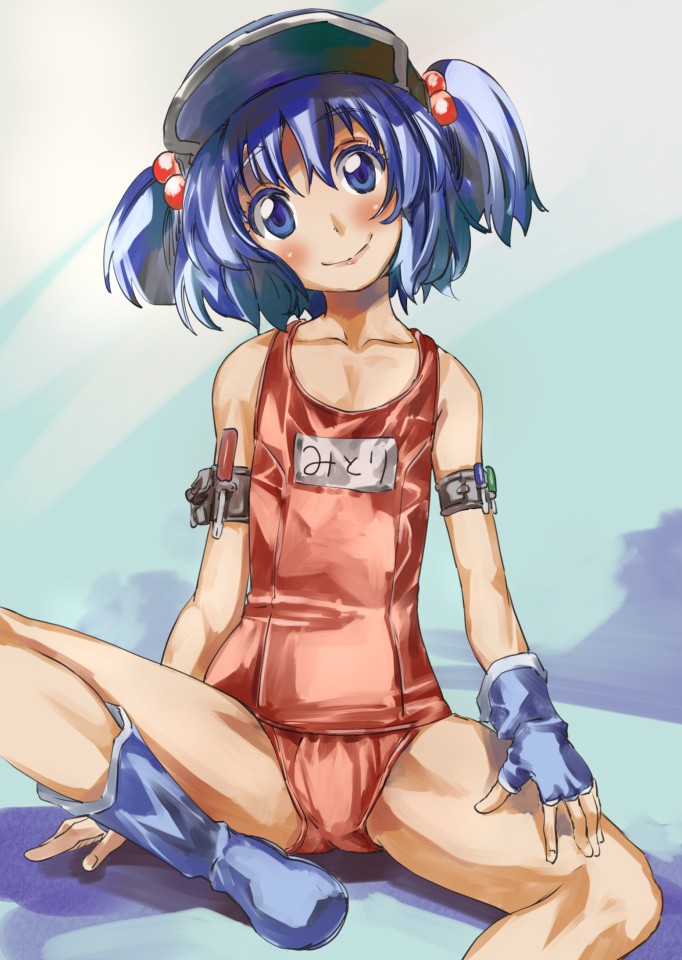 alternate_color_school_swimsuit armband blue_eyes blue_hair boots fingerless_gloves flat_chest gloves hair_bobbles hair_ornament hat head_tilt kawashiro_nitori looking_back one-piece_swimsuit red_swimsuit school_swimsuit screwdriver smile solo swimsuit touhou translated twintails two_side_up yohane