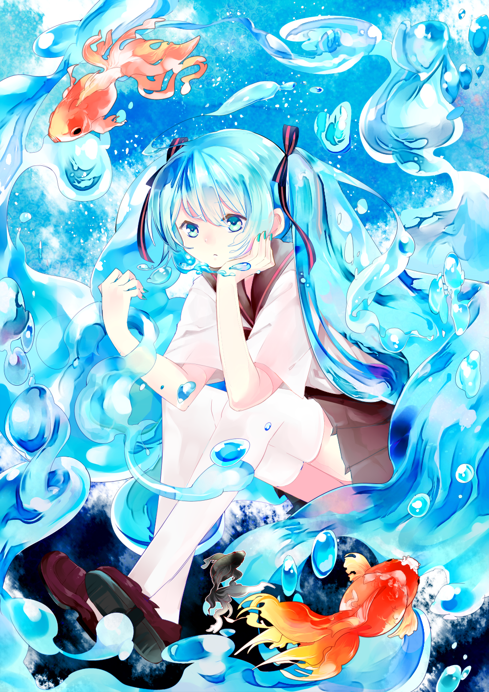 aqua_eyes aqua_hair bottle_miku chin_rest fish hair_ribbon hatsune_miku highres liquid_hair long_hair ribbon school_uniform serafuku sitting skirt solo suzuran_nanaki thighhighs twintails very_long_hair vocaloid water