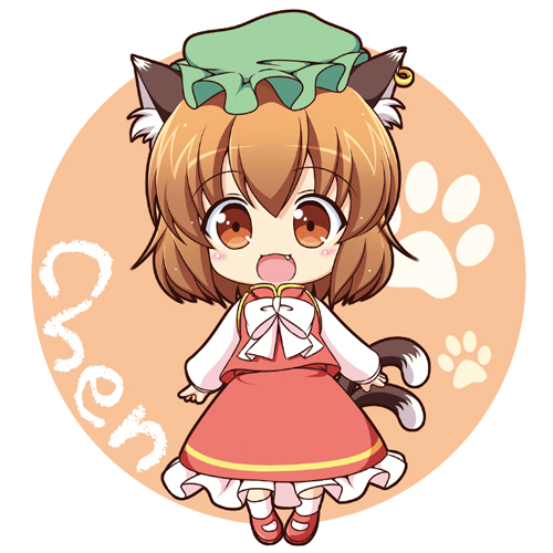 animal_ears brown_eyes brown_hair cat_ears cat_tail chen chibi earrings fang hat jewelry looking_at_viewer lowres multiple_tails paw_print pila-pela solo tail touhou